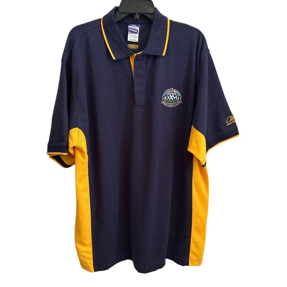 Vtg NFL Super Bowl XXXVII Polo Shirt XL PlayDry Moisture-Wicking Navy & Yellow